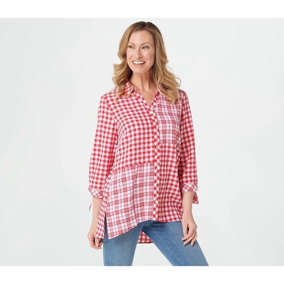 Susan Graver Yarn Dyed Gingham Button Front Shirt Red XS  Fits Up To M NWT - Picture 1 of 8